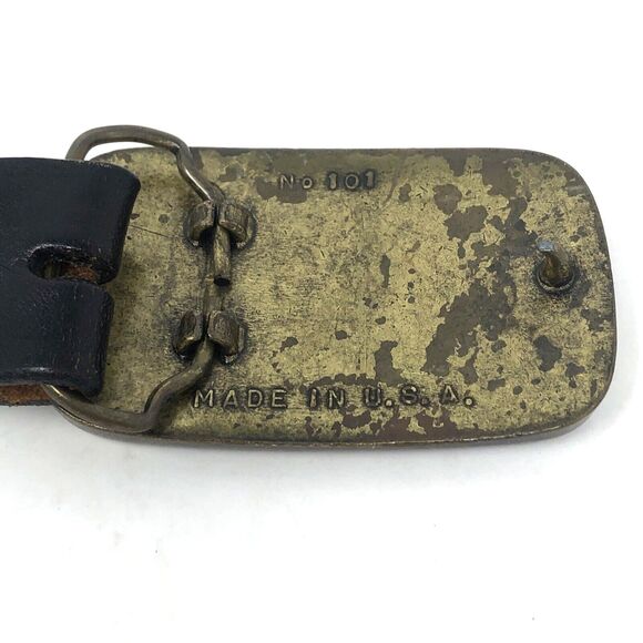 VTG Brass Skull FD Helmet Buckle Embossed Belt Mens 38 Black Leather Fire Dept - Picture 4 of 12